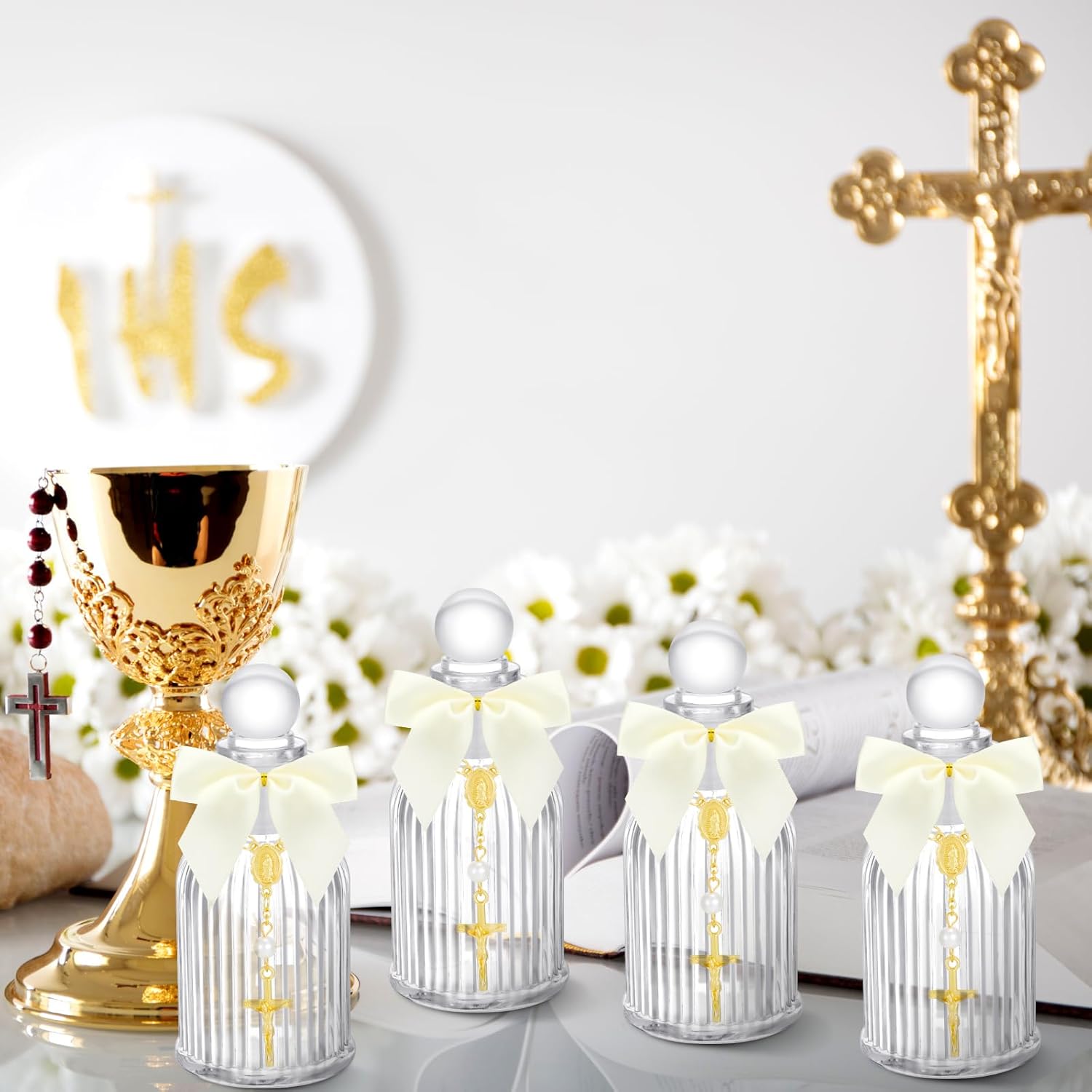 Chuangdi 24 Pcs 12 Sets Holy Water Bottles Baptism Favors for Guest Holy Water Container with Cross Rosary Organza Bag Bow 50ml Glass Empty Container for Communion Christian Wedding (Classic,White)