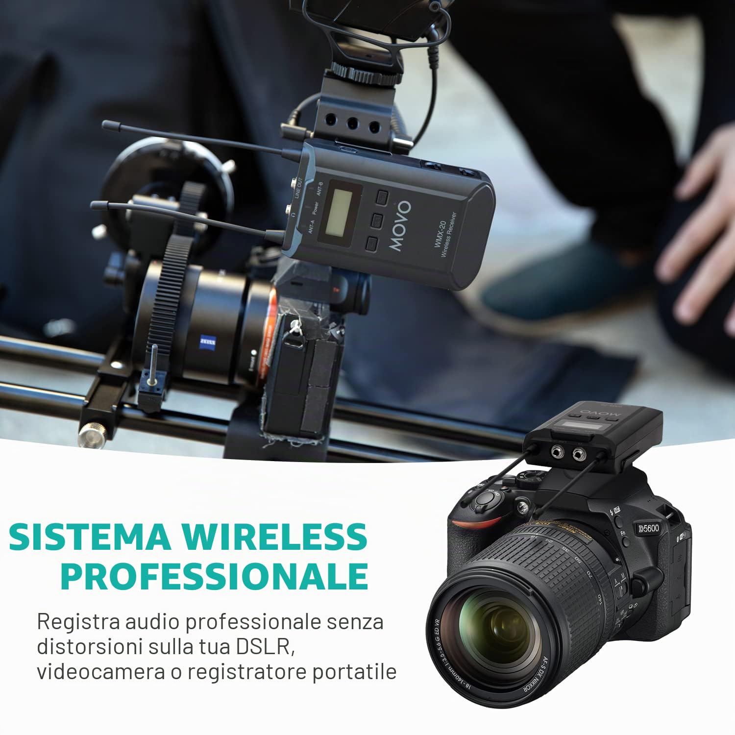 Movo Sistema Microfono Lavalier Wireless UHF a 48 Canali WMX-20-DUO con 1 Ricevitore, 2 Trasmettitori e 2 Microfoni con Risvolto Compatibile con Fotocamere DSLR (Gamma Audio 100 Metri)