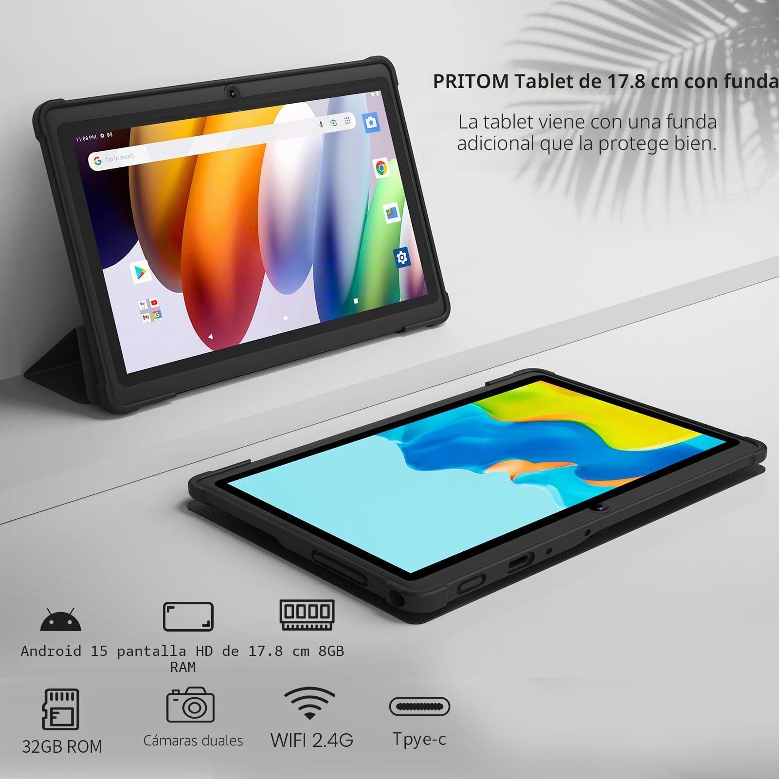 PRITOM Tabletas Android de 7 pulgadas, 15,8 GB de RAM, 32 GB, (expansible 1TB), 3500 mAh, Tablet PC, Bluetooth, cámara dual, WiFi, portátil con funda negra