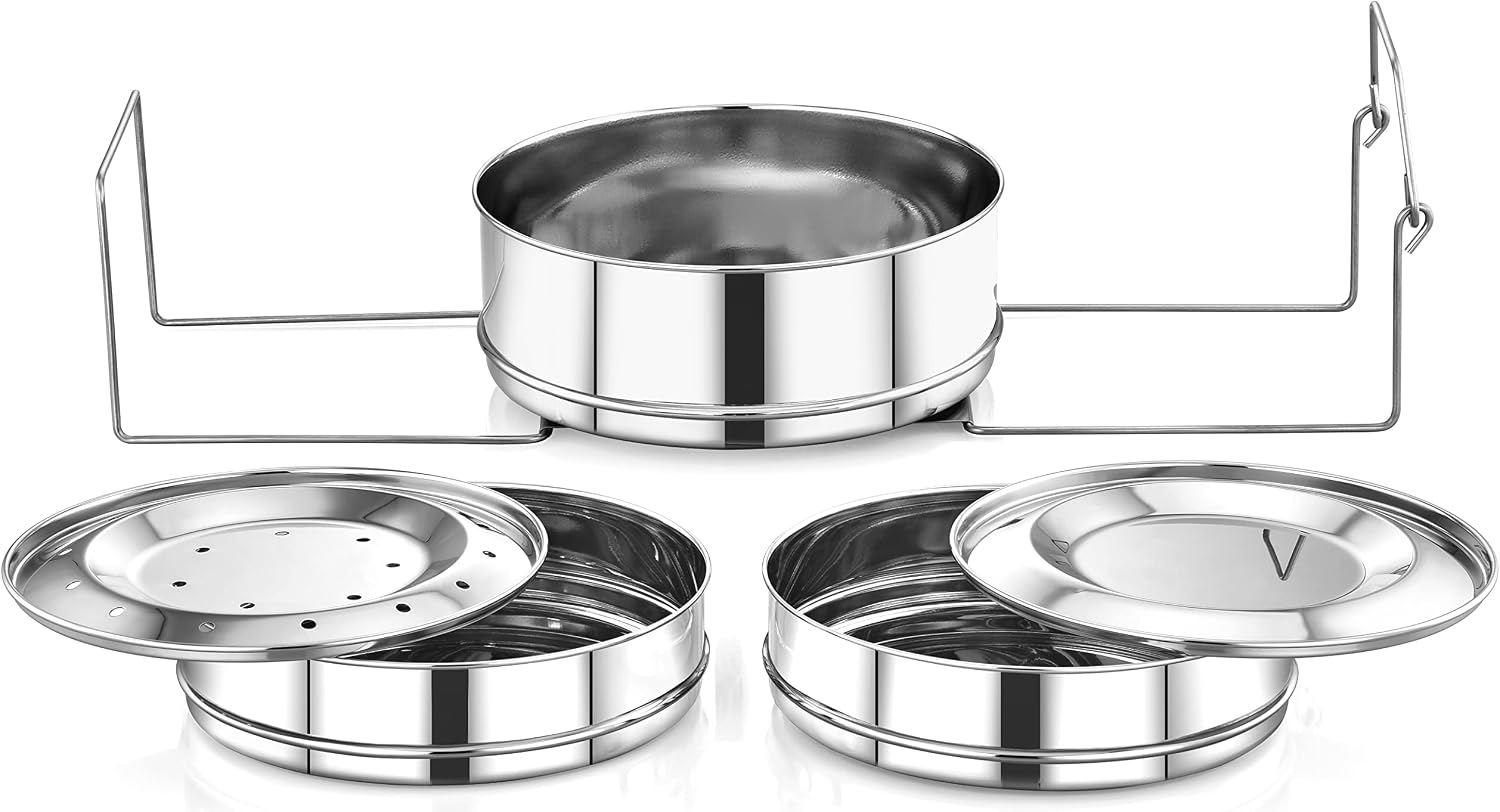 EasyShopForEveryone Rice Cooker Dabba, Stainless Steel Stackable Steamer Insert Pans, 3 Separators with Lifter, Compatible with 8 Qt Instant Pot and 10 Litre Outer Lid Pressure Cookers