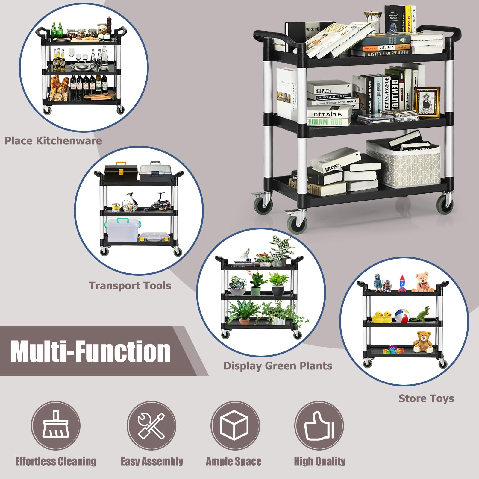 KOMFOTTEU Carrello di servizio a 3 livelli, carrello da cucina con ruote (2 con freno) e comode maniglie, carrello ausiliario con capacità di carico di 50 kg per scaffale, 103 x 49 x 98 cm