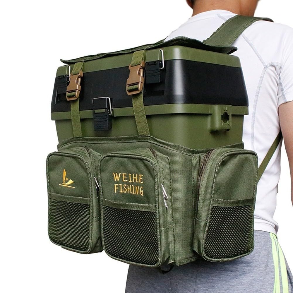 Sac à dos de pêche en nylon vert avec boîte de rangement de 36 l Sac de rangement étanche avec siège en maille respirante et sangles ergonomiques pour pêcheurs à la ligne 40 cm (B)