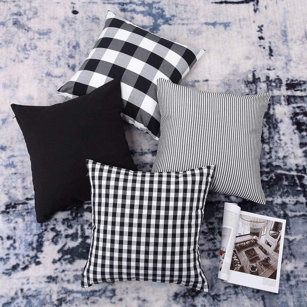 Throw Pillow Covers Set of 4, Plaid Pattern 18 X 18 Throw Pillow Covers Couch Sofa Pillow Covers Square Decorative Pillowcase for Sofa Bedroom Living Room Black