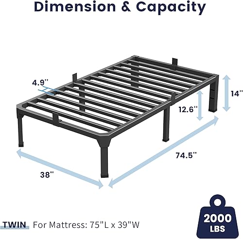 Miniatura 2 de Base de cama de metal individual XL de 14 pulgadas con tapón deslizante de colchón, plataforma de listones de acero antichirridos de color negro,