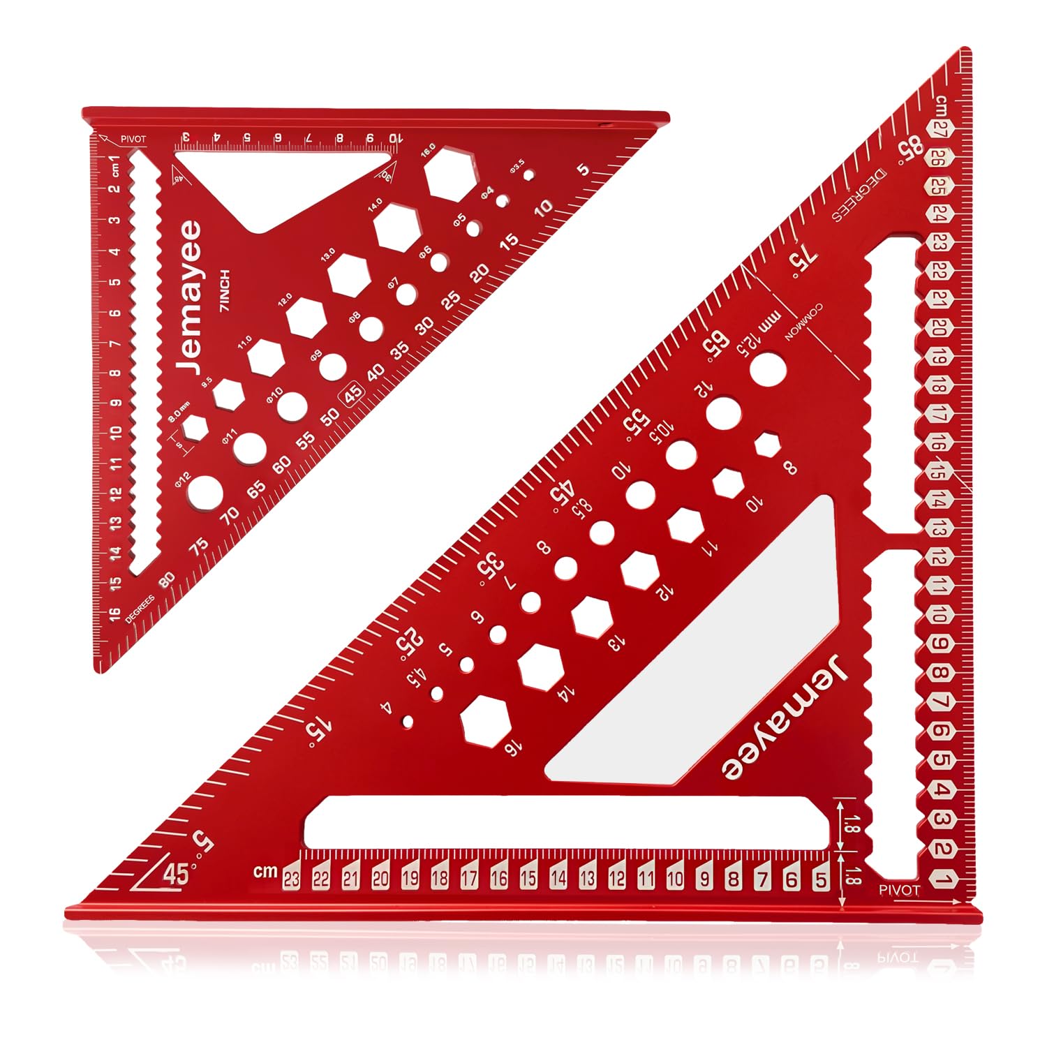 Speed Square Carpenters Square Set Metric 180mm & 300mm 7+12inch Aluminum Alloy Triangle Ruler with Wipeable Note Surface Smart Drilling Guide for Exact Diameters Angle Measuring Marking