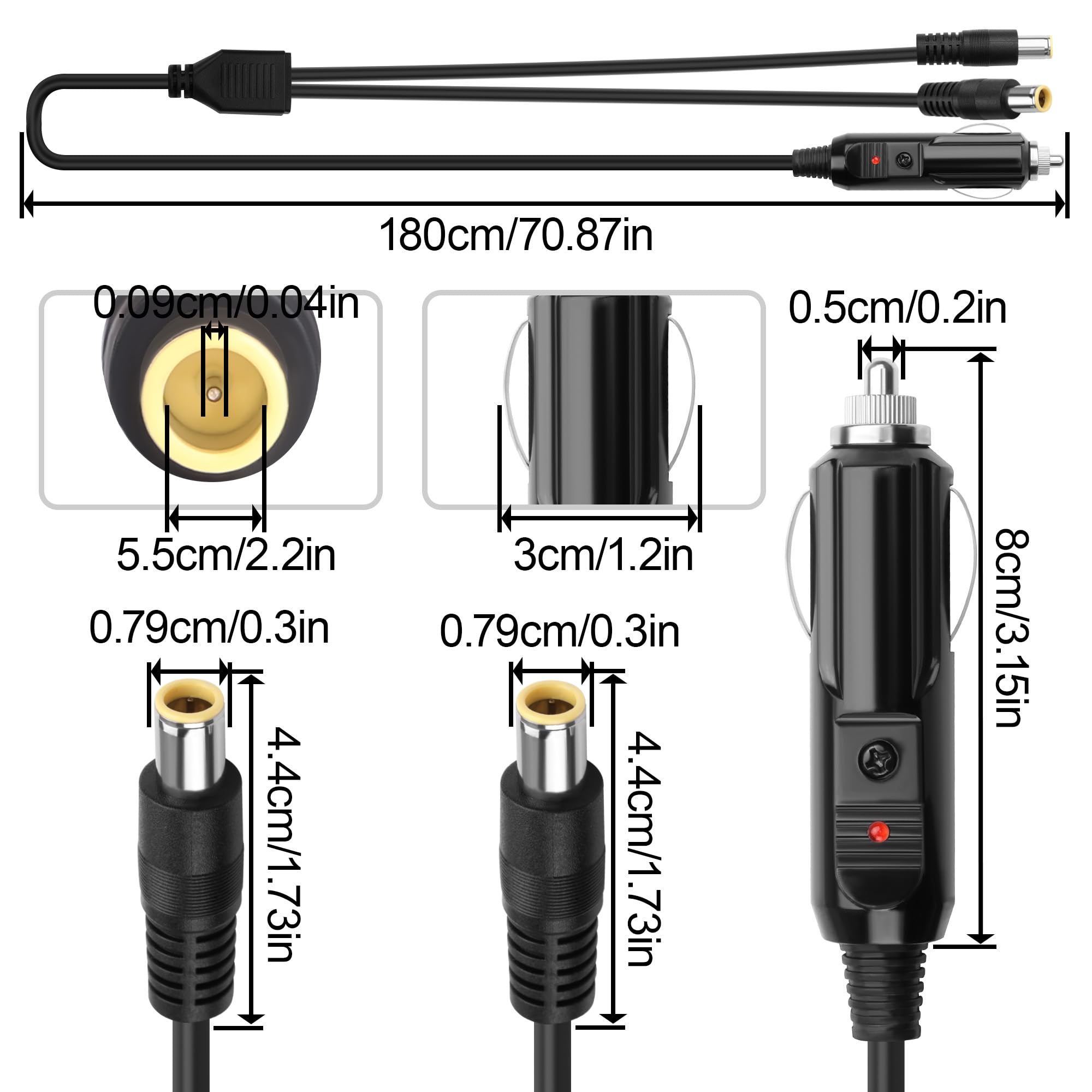 Cavo splitter da accendisigari per auto a DC7909, doppio cavo di ricarica DC 7,9 x 5,5 mm con fusibile da 15 A, 12 V per auto DVR, GPS, laptop, frigorifero portatile, fotocamera 1,8 m