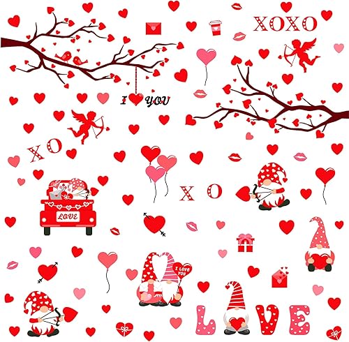 Miniatura 9 de Calcomanías de pared con diseño de corazón rojo, diseño de corazones, gnomos, ramas de árboles, calcomanías de pared con temática de amor,