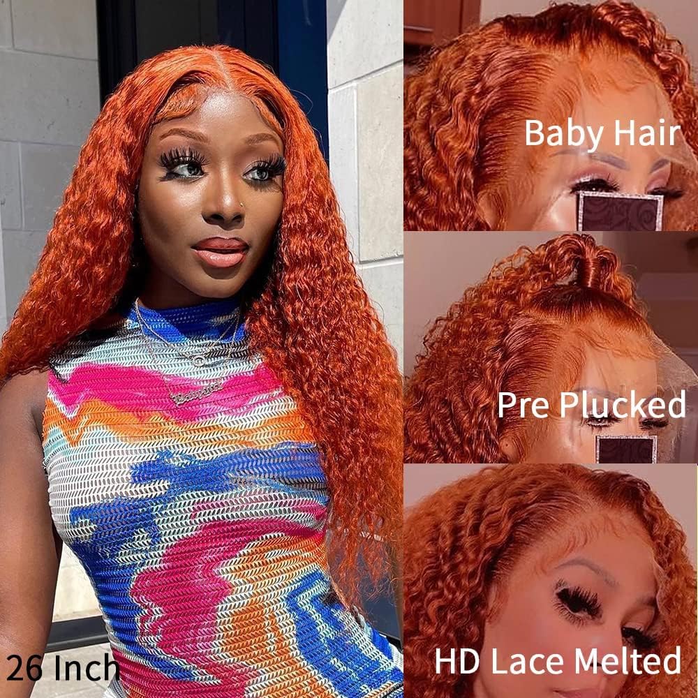 Pelucas de cabello humano rizado con encaje frontal de 22 pulgadas, con parte en T, pelucas de cabello humano rizado color naranja jengibre, densidad del 180%, peluca de encaje frontal de onda profunda, predepilada, peluca de cabello humano naranja quemad 3