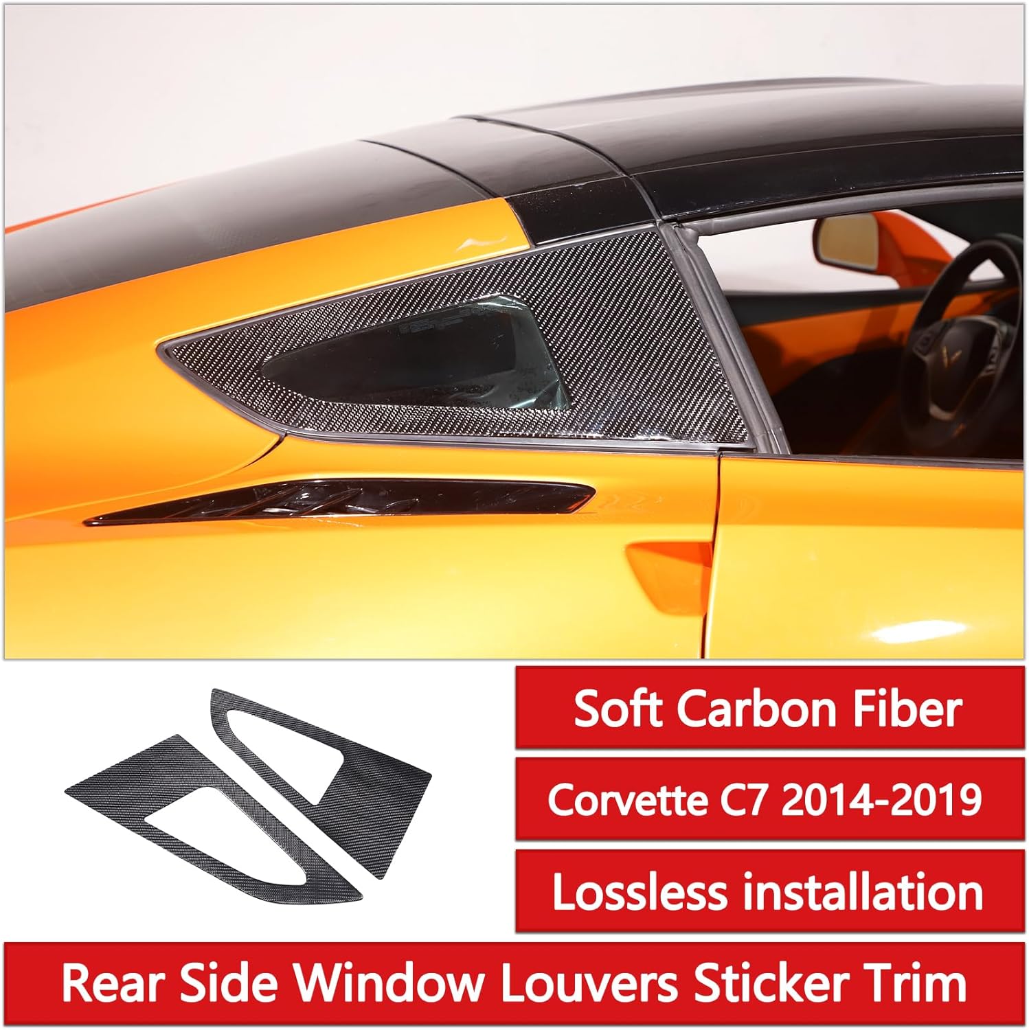 Rear Side Window Louvers Sticker Trim Cover Compatible with Corvette C7 Stingray 2014-2019 Soft Carbon Fiber 2PCS Body Side Triangle Glass Decals Sticker Accessories (Black Carbon)
