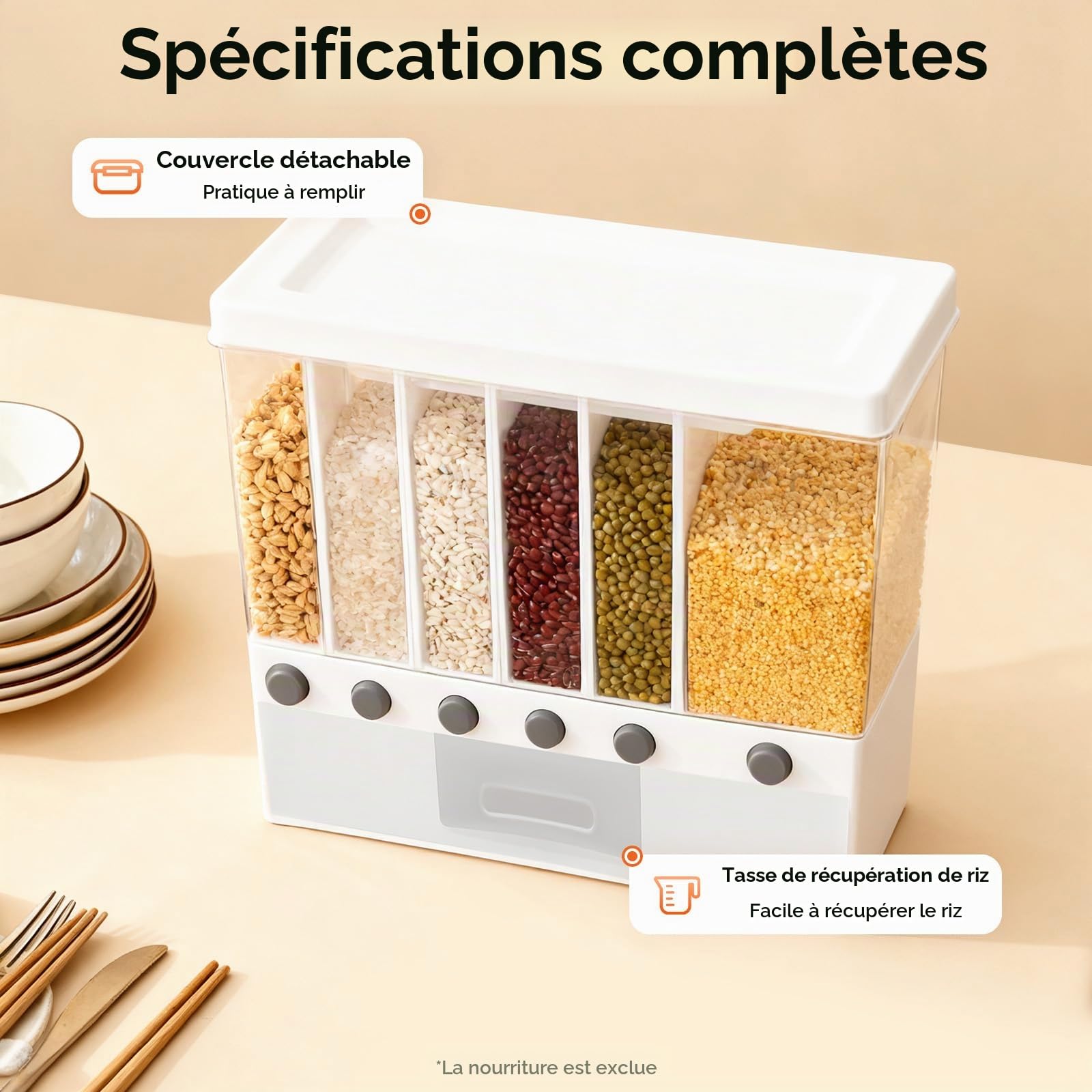 Distributeur Céréales 6 Compartiments Réservoir Alimentaire à Grains Secs avec Tasse Boîte de Rangement pour Cuisines Stockage Hermétique pour Salles à Manger, Garde-manger