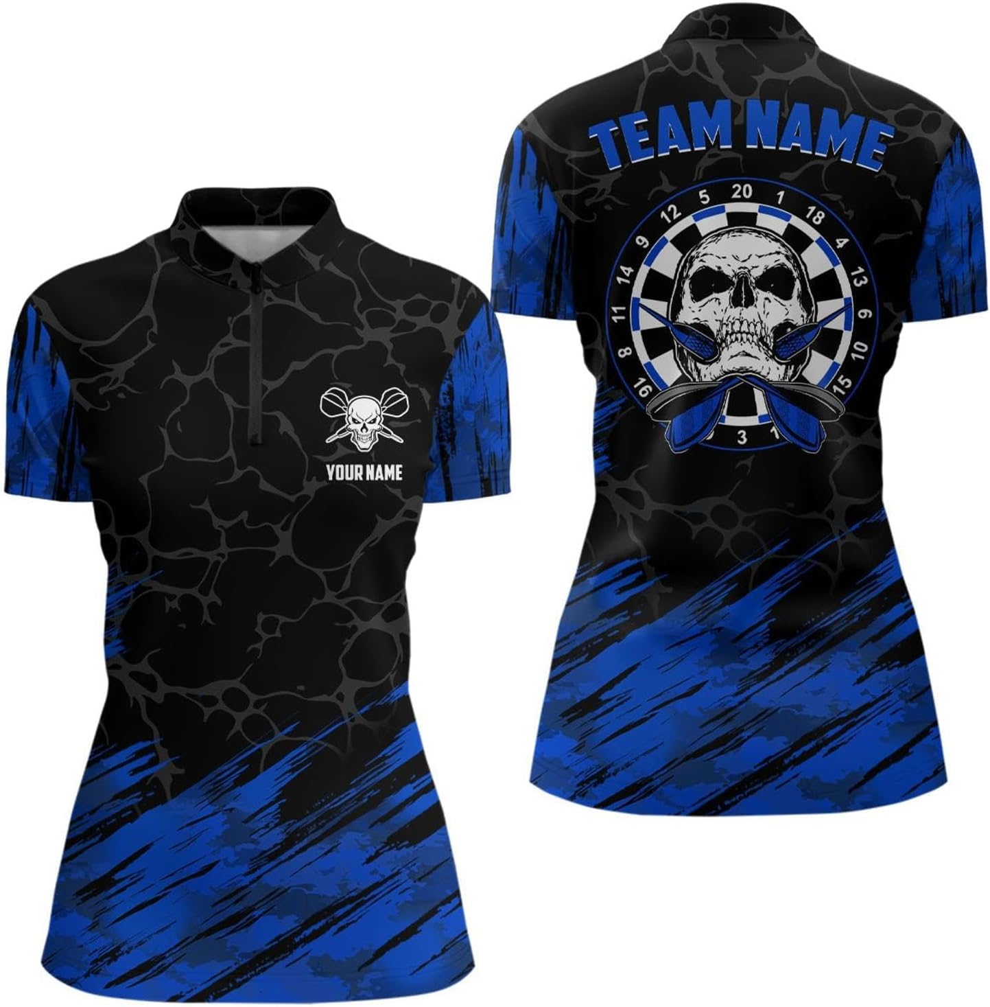 Women's Navy Black Skull Design Darts Quarter Zip Jersey Stylish Athletic Top for Darts Players P214