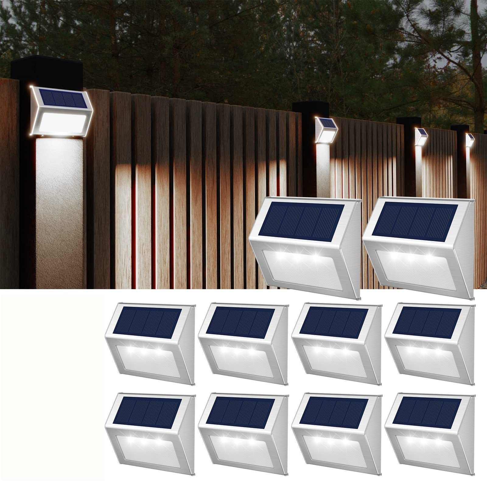 Wodoodporne zewnętrzne lampy solarne, oświetlenie ogrodzenia, oświetlenie tarasu, oświetlenie LED do ogrodu, podwórka, patio, podwórka, schodów, ściany, balustrady (białe, 10 szt.)