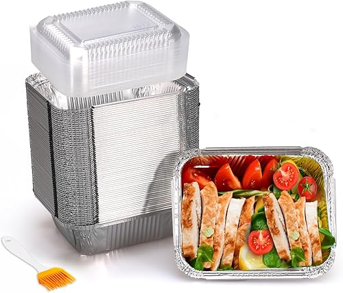 Moretoes Paquete de 60 sartenes de aluminio con tapas, bandejas de aluminio de 5 x 4 pulgadas desechables de 1 libra, recipientes para llevar con