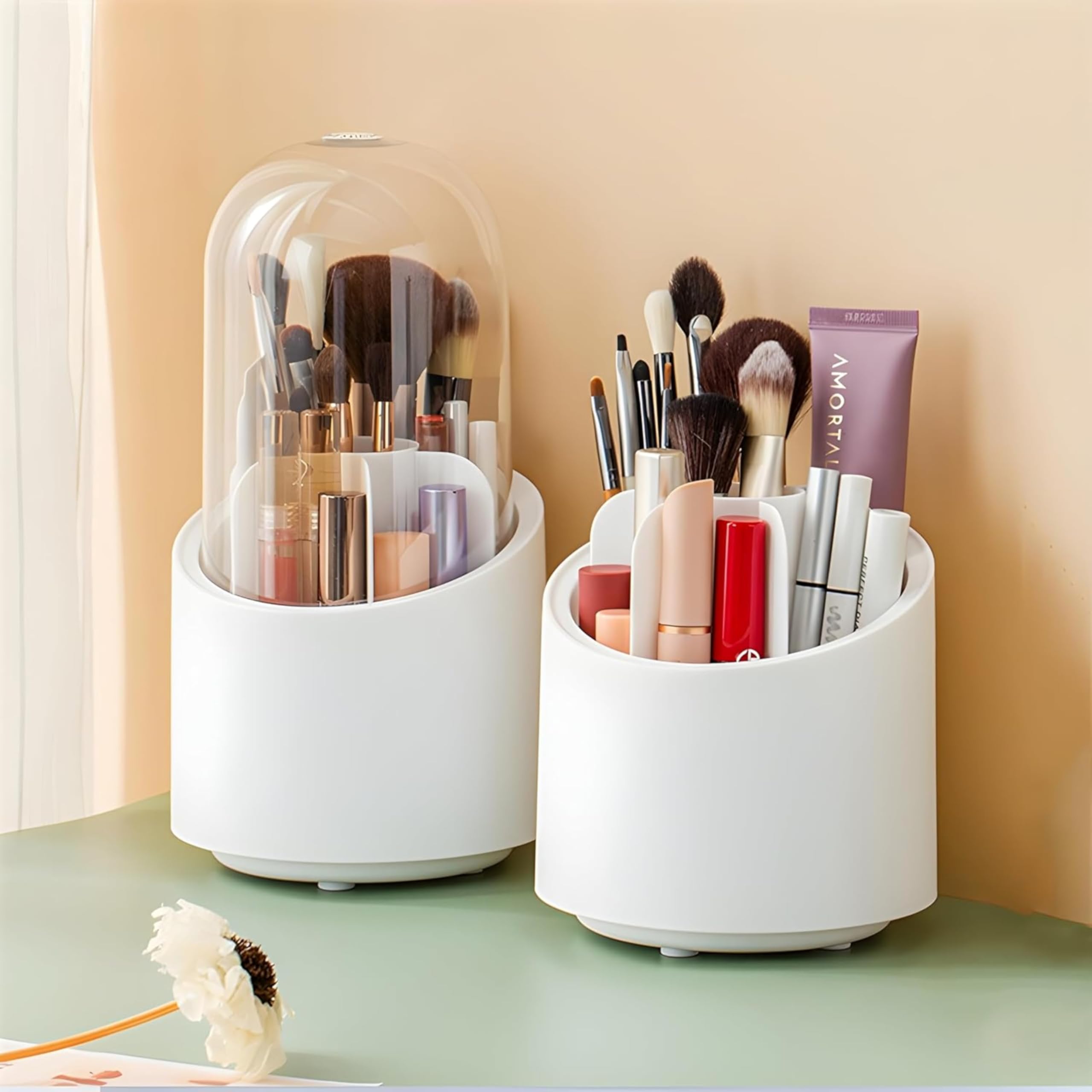 PrismX 360° Rotating Makeup Brush Holder, Cosmetic Brush Storage Box, Dressing Table Makeup Organizer, 360 Rotating Cosmetics Make up Brush Organizer Storage with Lid for Vanity Dustproof (White) (B0D8ZHQ3TR) Amazon Price History, Amazon Price Tracker