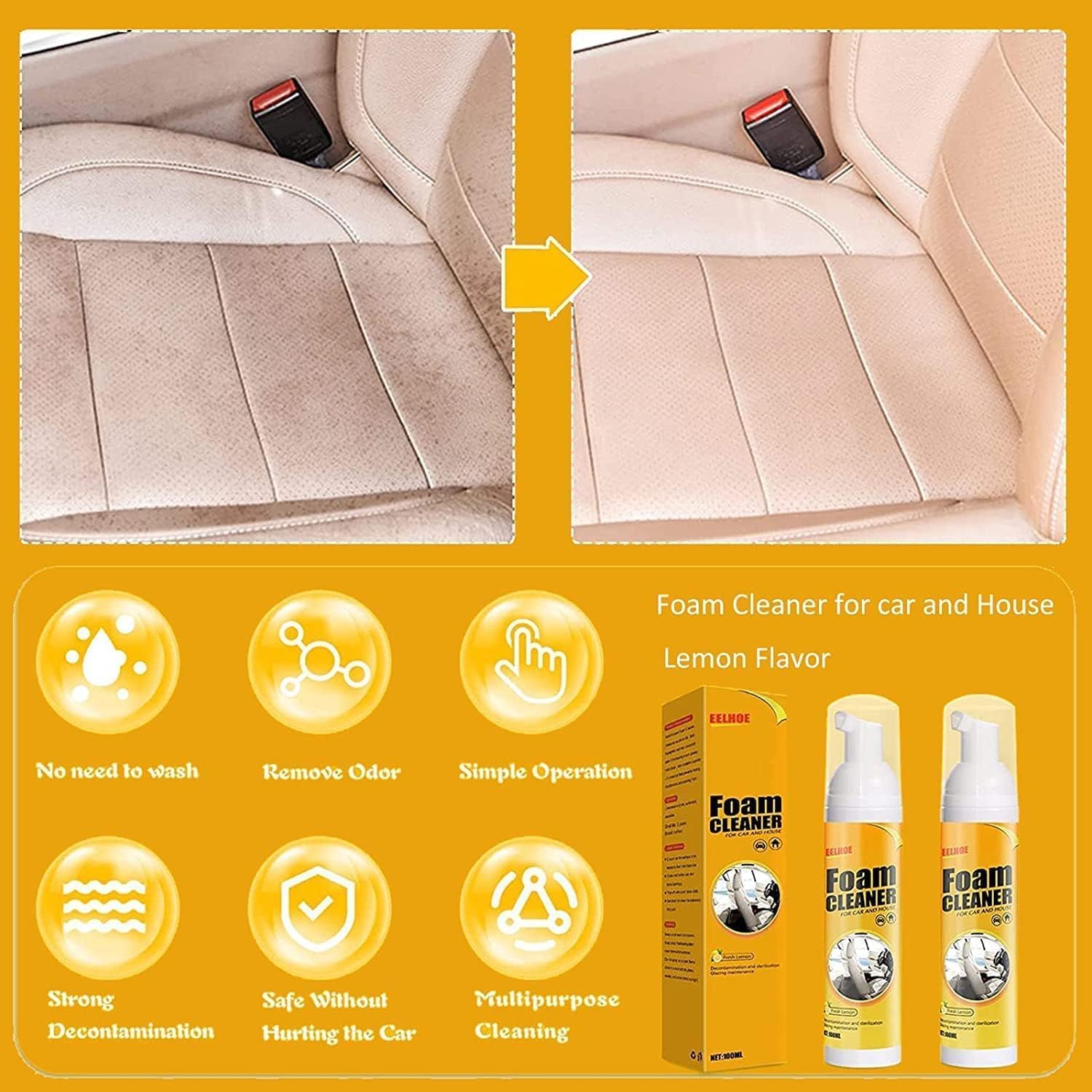 Dry Cleaning Ahent Multipurpose Foam Cleaner Spray,Lemon Flavor Multi-Purpose Foam Cleaner, Foam Cleaner for Car, Powerful Decontamination Set for Car and Home Kitchen (2pcs*100ML) + 2 Sponges