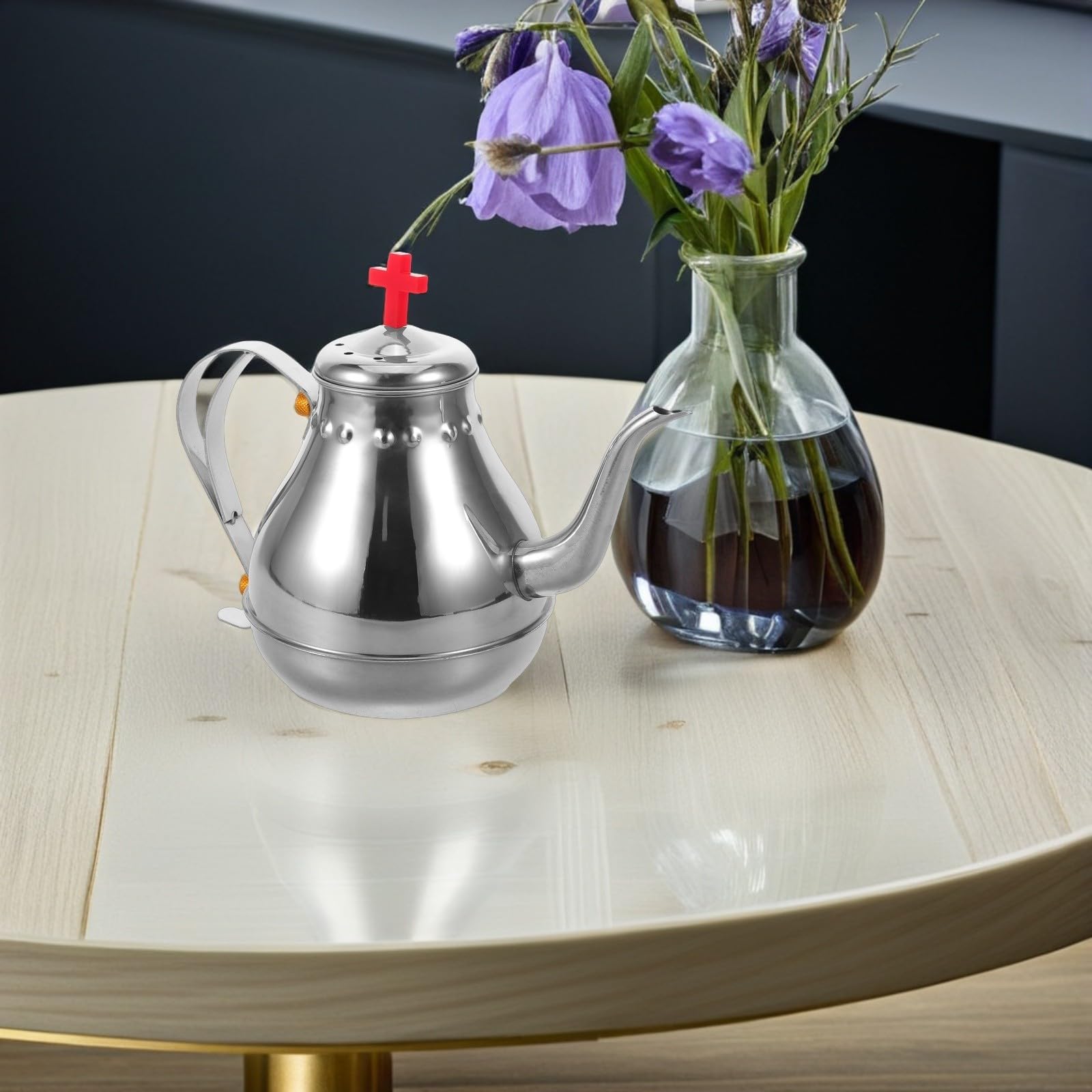 Tetera de Acero Inoxidable de 1.2l Tapa Roja y Diseño Vintage Elegante, Adecuado para Reuniones Religiosas y Uso en Restaurantes Construcción Resistente y Bordes Redondeados