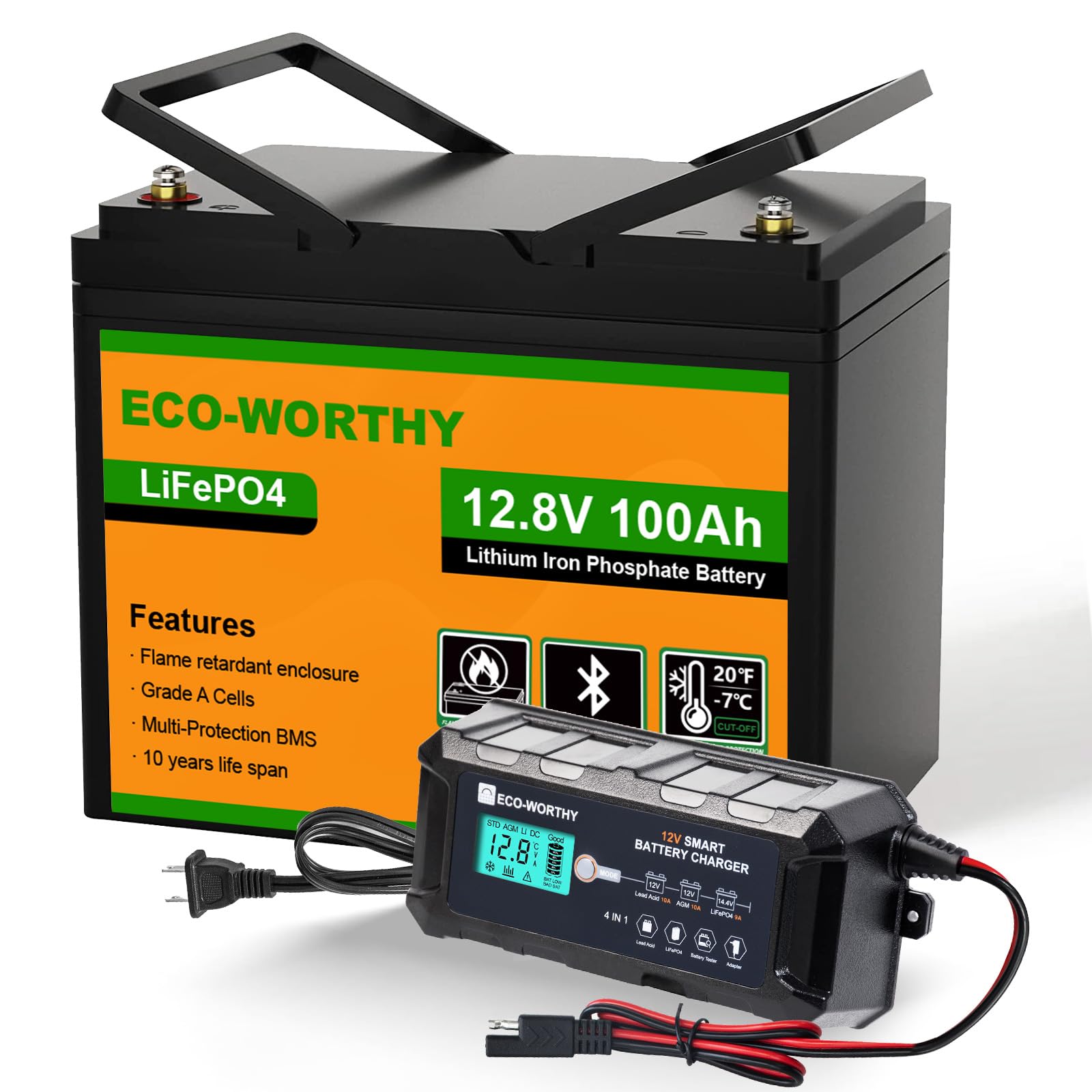 ECO-WORTHY 12V 100AH LiFePO4 Lithium Battery and 12V 10A Battery Charger