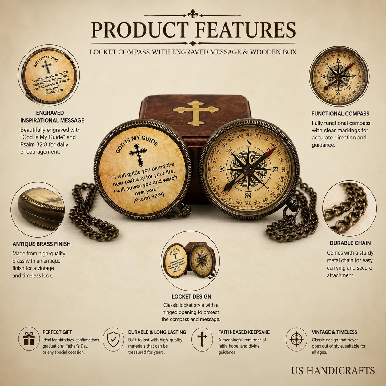 Handmade Brass Antique Compass with Wooden Case – Vintage Finish Functional Pocket Navigation Tool for Travel, Hiking & Gift (#5 - I Will Guide You - Antique Locket Compass) image 5