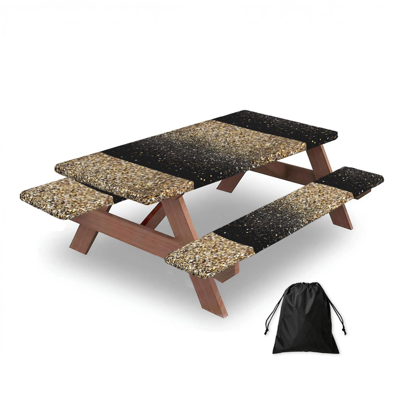 Dopklna As Picture Black & Gold Sparkle, Picnic Table Cover With Bench Covers -Waterproof Elastic Fitted Tablecloth For Garden Camping Patio 76X152cm