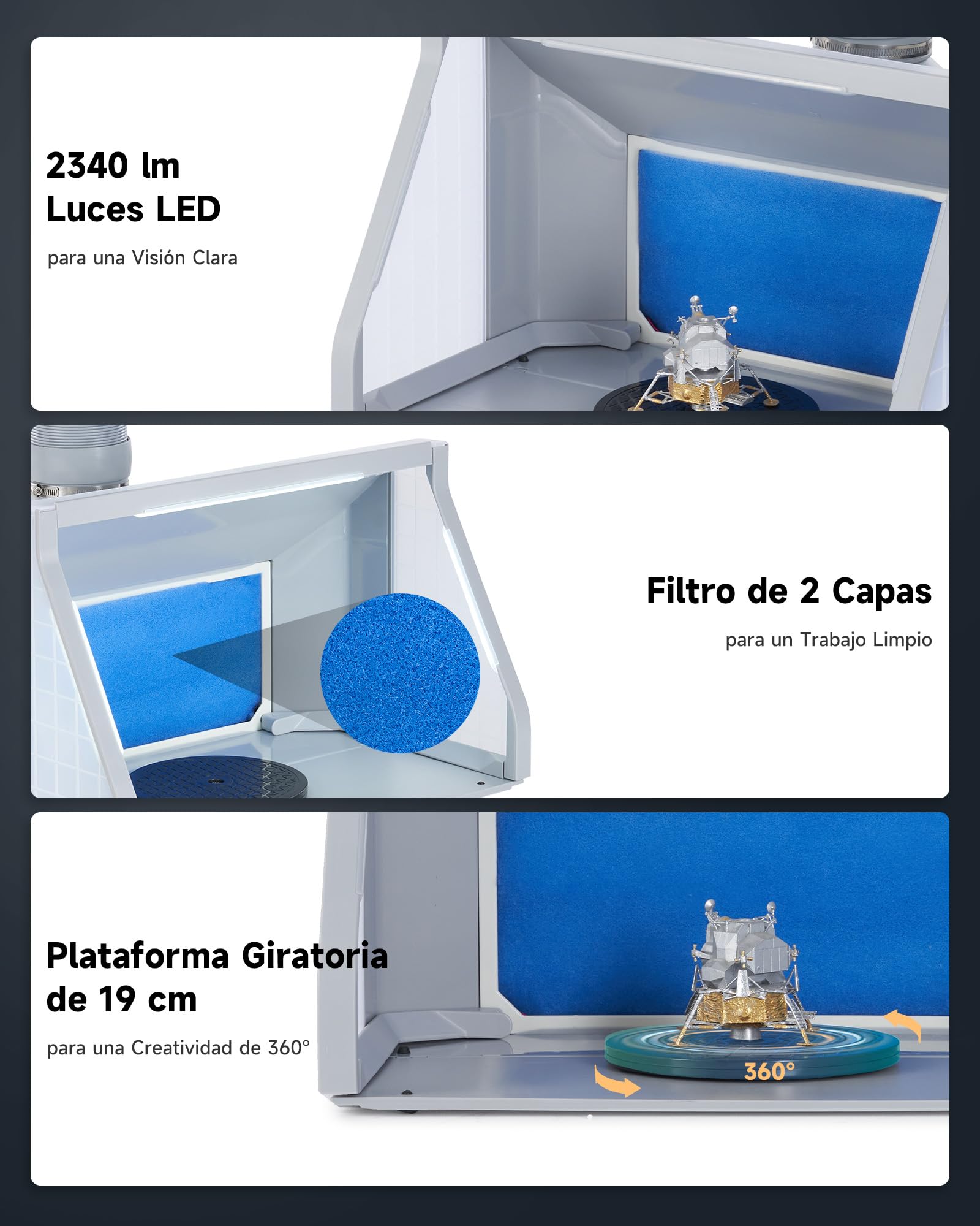 VONLUCE Cabina de Pintura Plegable con Aerógrafo Profesional, Ventilación Ajustable 4m³/min, 3 Luces LED, Plato Giratorio 19 cm Manguera 1,4 m para Modelos y DIY