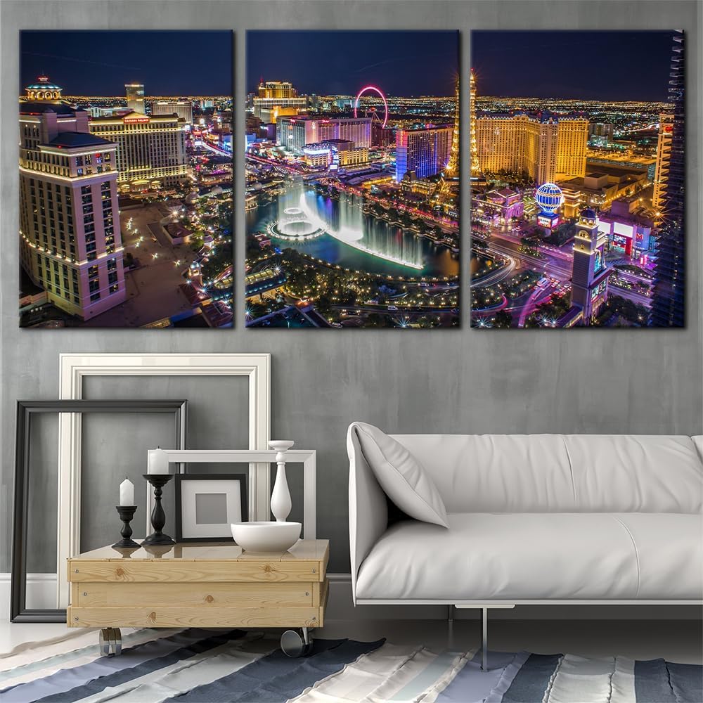 Pacimo Cityscape Wall Art Set of 3 - Las Vegas Strip Nevada Party City at Midnight - Perfect for Modern Home Decor - Ideal Wall Decor for Living Room Bedroom Bathroom and Office (20"x28"x3)