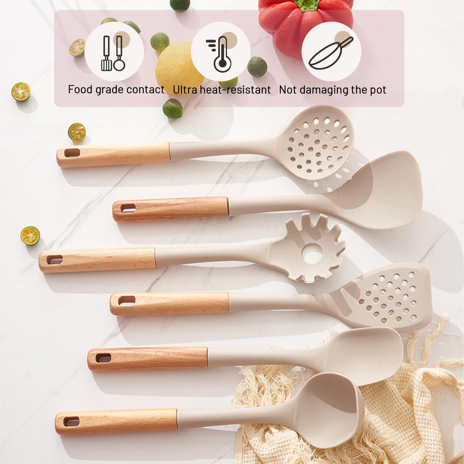 Silikon-Kochutensilien-Set, 8-teilig, antihaftbeschichtet, Spatel-Set mit Halter, Khaki-Küchenutensilien mit Holzgriffen, hitzebeständiges Kochset, Küchenhelfer, Geschenke für Mutter (Khaki)