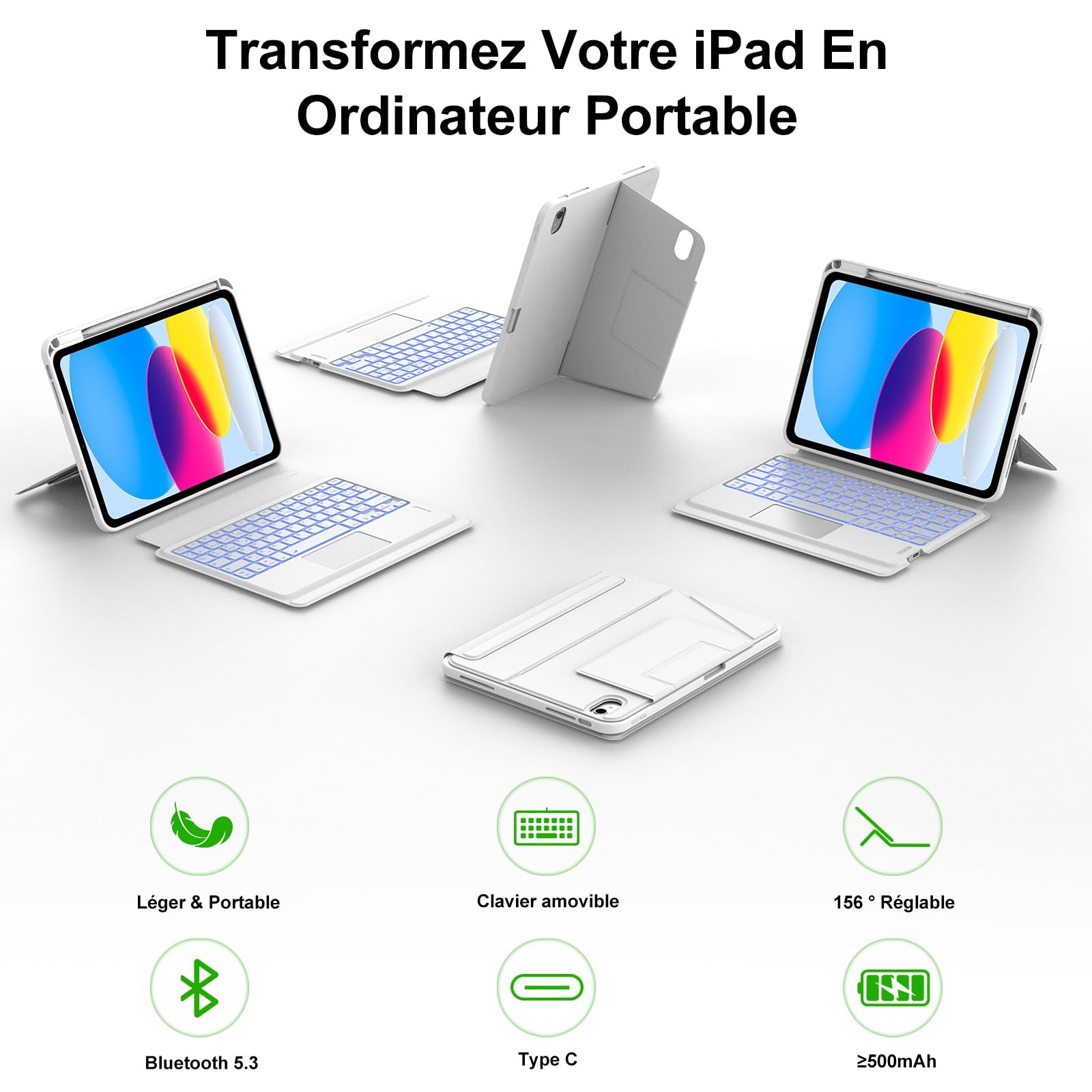 Funda Teclado para iPad A16 de 11ª Generación 2025/10ª Generación 2022, AZERTY francés Funda Teclado Bluetooth Magnética Desmontable con Portalápices para iPad 10/11eme Gén de 10,9/11 pulgadas, Blanco