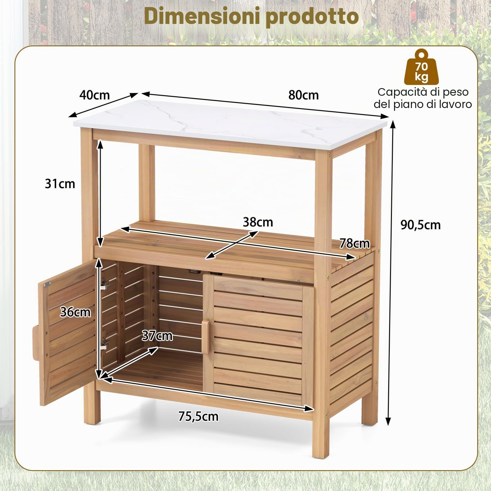 GIANTEX Armadio da giardino in legno di acacia, con 2 ripiani, per balcone, terrazza, cortile, 80 x 40 x 90,5 cm