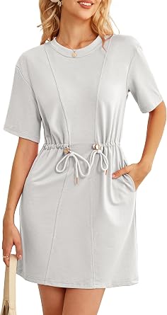 Kikibell Womens Summer Dresses Crewneck Sweatshirt Mini Dress with Pockets Drawstring Waist Short Sleeve Casual Outfits