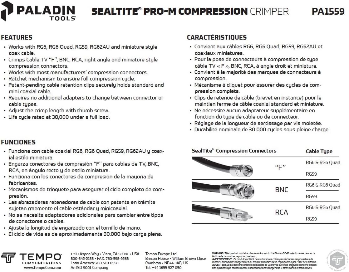Paladin Tools PA1559 SealTite Coax Crimper and RG6 Coaxial Crimper for CATV F, BNC, RCA Connectors | RG6, RG6Q, RG59, RG62AU Professional (Ethernet POE Pro Grade)