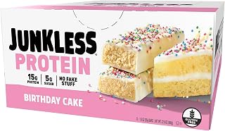 JUNKLESS Protein Bars - Birthday Cake - 15g Protein, Low Sugar, Gluten Free, High Fiber, Delicious Taste and Texture, Satisfying, Healthy Snack for Energy - 12 Bars