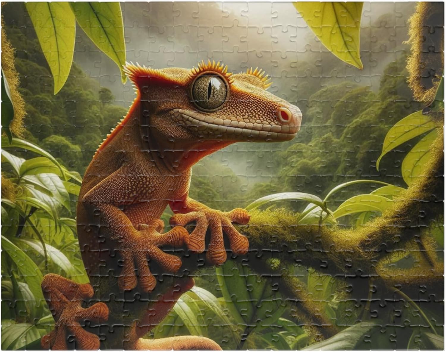 Crested Gecko Clinging to Leaves Jigsaw Puzzle - Made in USA