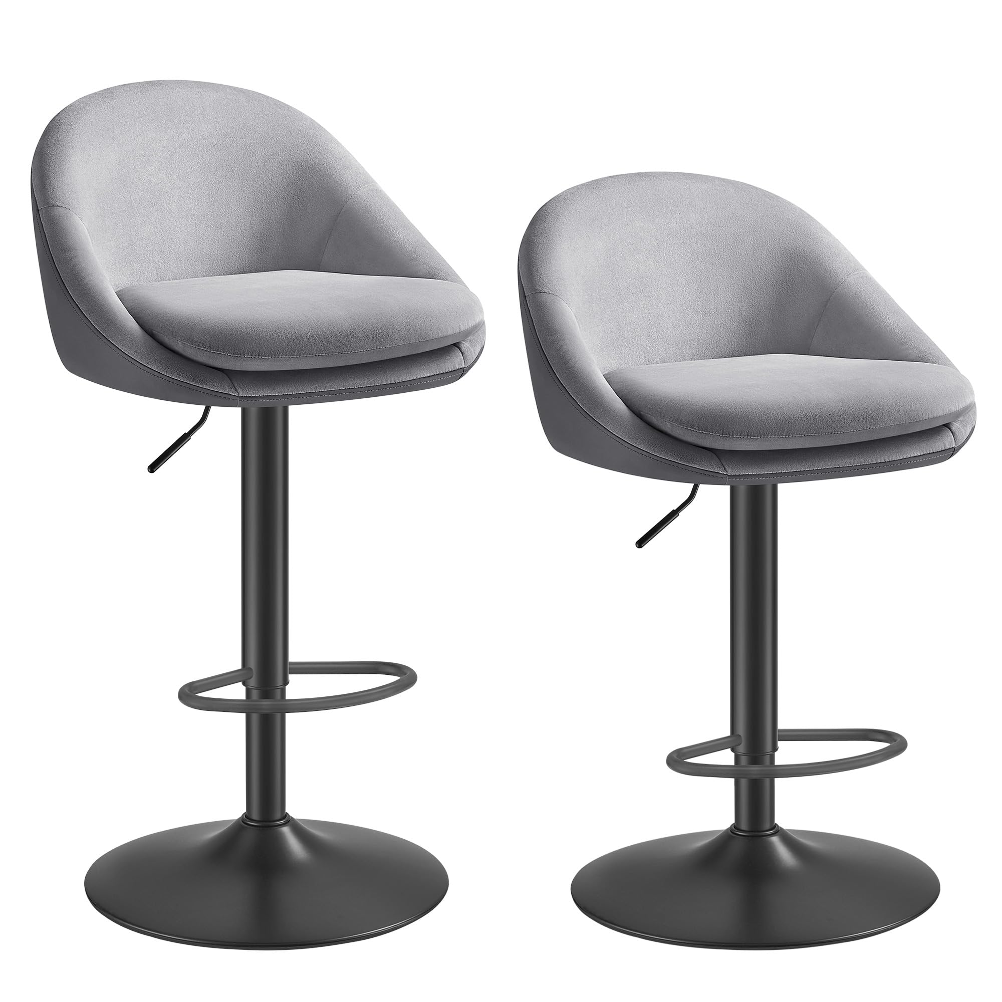 VASAGLE Taburete de Bar, Juego de 2, Taburete de Barra, Regulable en Altura, Giratorio 360°, Silla de Cocina, con Respaldo, Base, Reposapiés, Acero, para Mostrador, Comedor, Gris Paloma LJB110G01