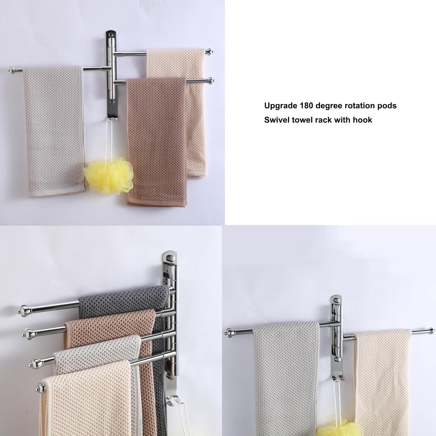 Bathroom Towel Rack Swivel Hanger Towel Bar Wall Mounted Space Saving Storage Organizer Hanging Holder 12 Inch (Stainless Steel, Bright Silver 4-Arm)