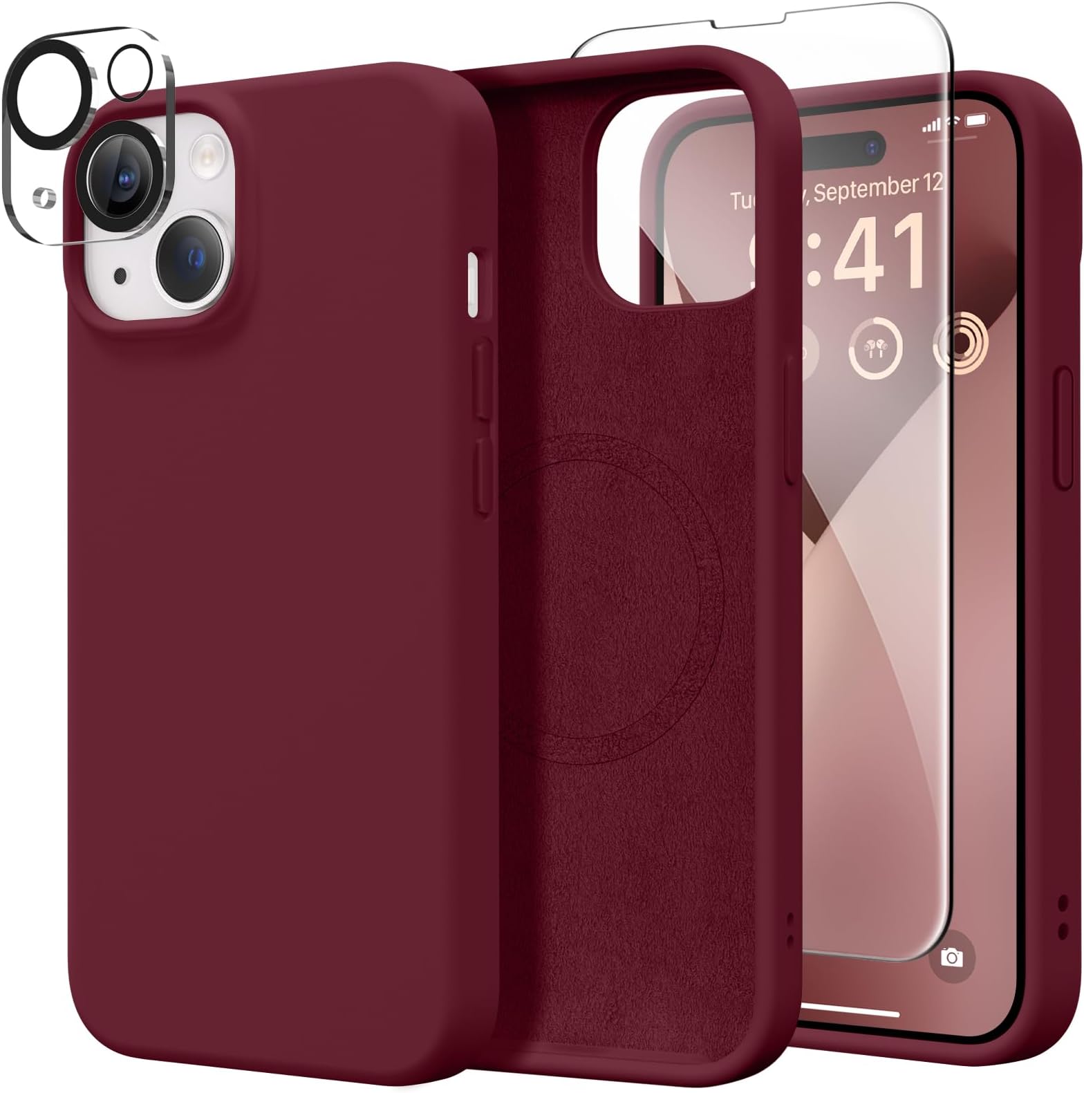 GONEZ Magnetic for iPhone 13 Case Silicone, Compatible with Magsafe, [2X Screen Protector + 2X Camera Lens Protector], Soft Slim Shockproof Protective Microfiber Lining Phone Case 6.1", Maroon