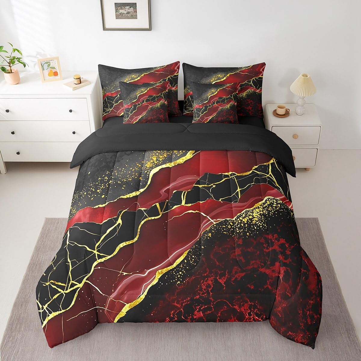 Erosebridal 7 Pcs Black Red Golden Marbling Crack Bed Set Queen Size Marble Comforter for Women Adults,Fluid Aesthetic Abstract Sheet Set Bed in A Bag Art Shiny Galaxy Bedroom Decor