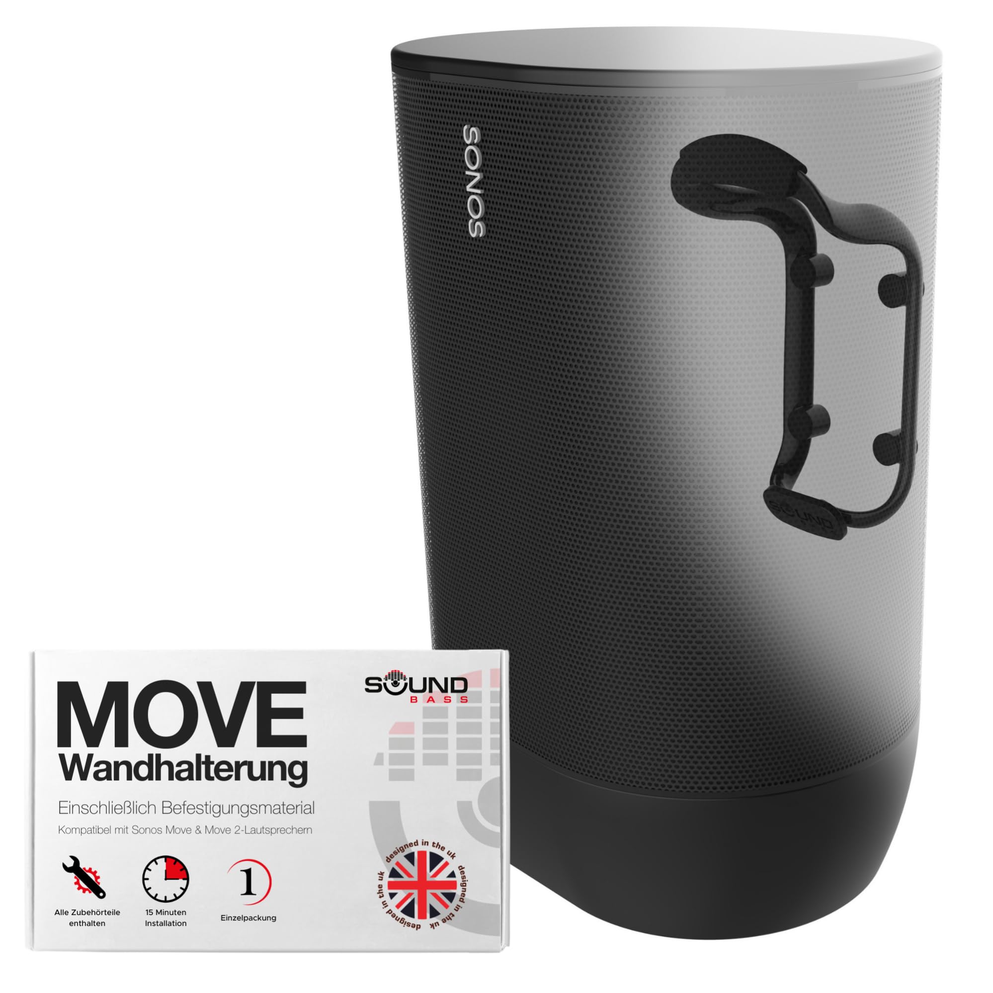 Sound Bass Move Lautsprecher-Wandhalterung, Wetterfest, Kompatibel mit Sonos Move Version 1 & 2, Inklusive Montagezubehör, Schwarz