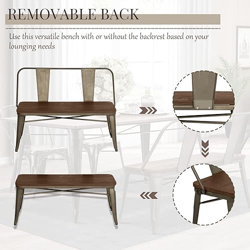 Miniatura 20 de YOLENY Banco de comedor, banco de entrada con respaldo, banco de comedor de metal de granja, banco industrial de mediados de siglo para 3 personas,