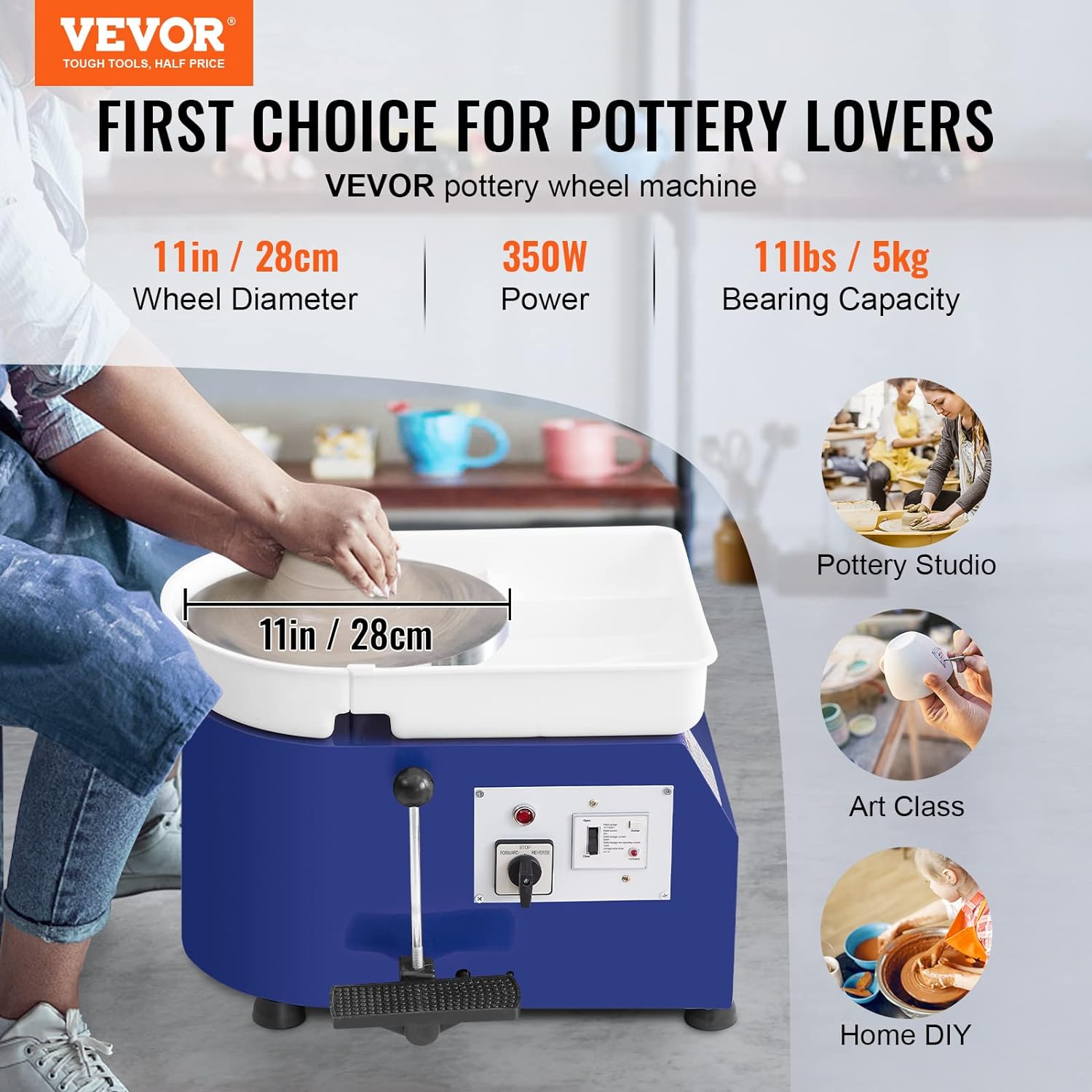 VEVOR 11inch Pottery Wheel, 350W Ceramic Wheel Forming Machine, Adjustable 60-300RPM Speed Handle and Foot Pedal Control, ABS Detachable Basin Sculpting Tool Apron Accessory Kit for Work Art Craft DIY