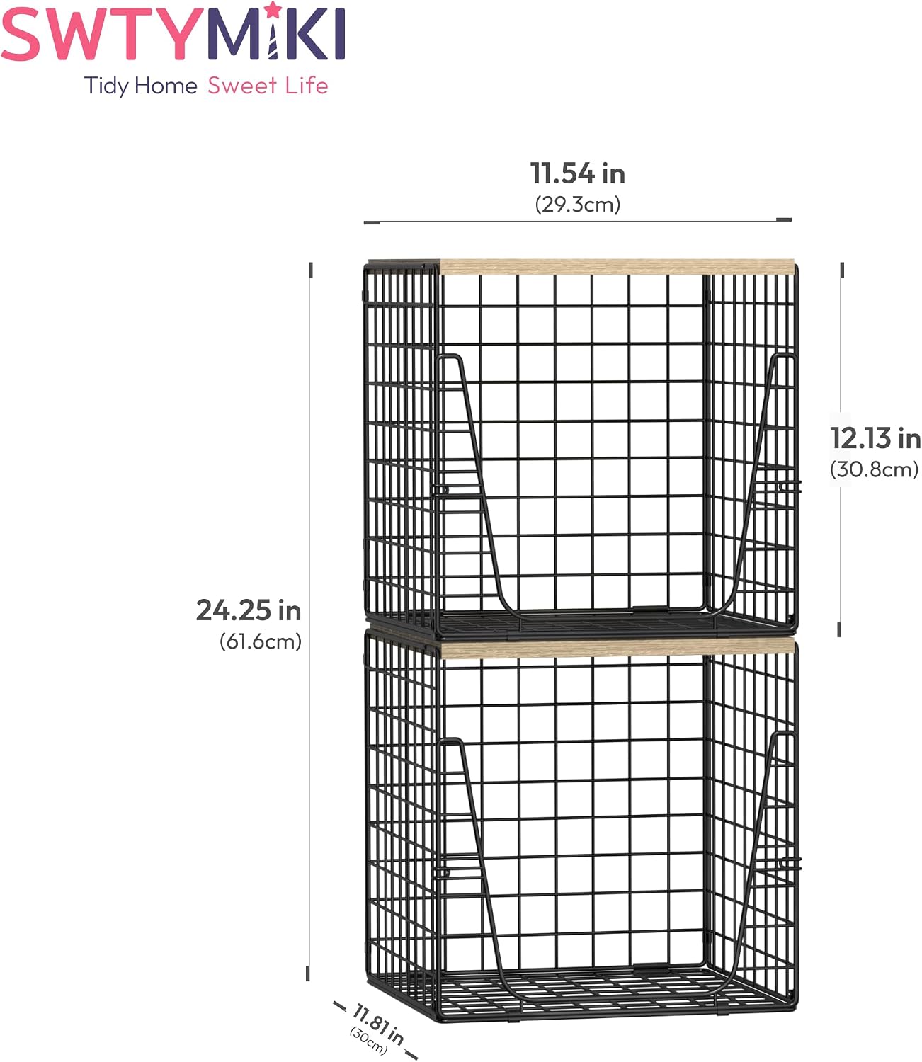 SWTYMIKI 2PCS Closet Organizers and Storage - Stackable Closet Basket with Wood Top Shelf, Clothes Storage Shelves, Clothes Drawer Bins for Wardrobe, Bedroom, Entryway, Black