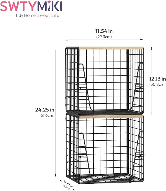 SWTYMIKI 2PCS Closet Organizers and Storage - Stackable Closet Basket with Wood Top Shelf, Clothes Storage Shelves, Clothes Drawer Bins for Wardrobe, Bedroom, Entryway, Black