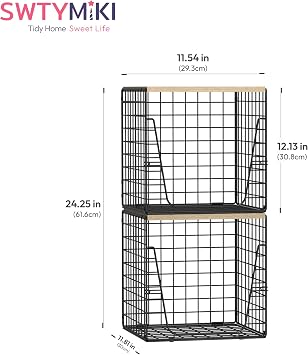 SWTYMIKI 2PCS Closet Organizers and Storage - Stackable Closet Basket with Wood Top Shelf, Clothes Storage Shelves, Clothes Drawer Bins for Wardrobe, Bedroom, Entryway, Black