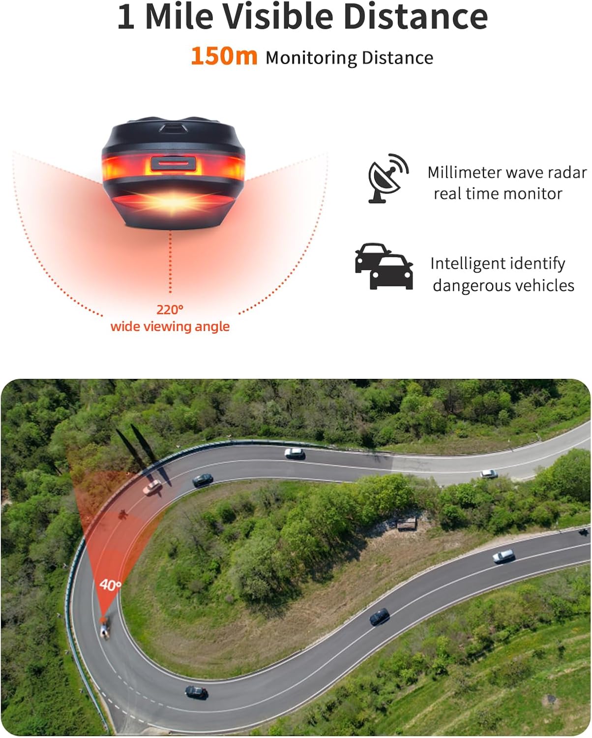 iGPSPORT SR30 Radar Bike Rear Light, 20H Battery Life, 150M Monitoring Distance, IPX7 Waterproof, Rechargeable Bicycle Cyle Back Tail Lights