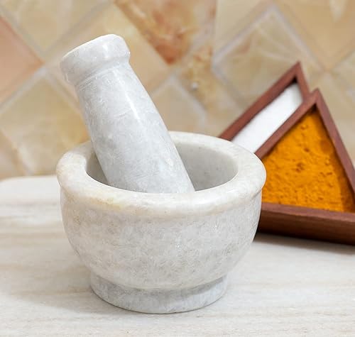 Miniatura 5 de Crocon Juego de mortero y maja  mármol blanco de 4 pulgadas, molinillo de especias, cuenco de hierbas para cocinar en la cocina, preparar especias,