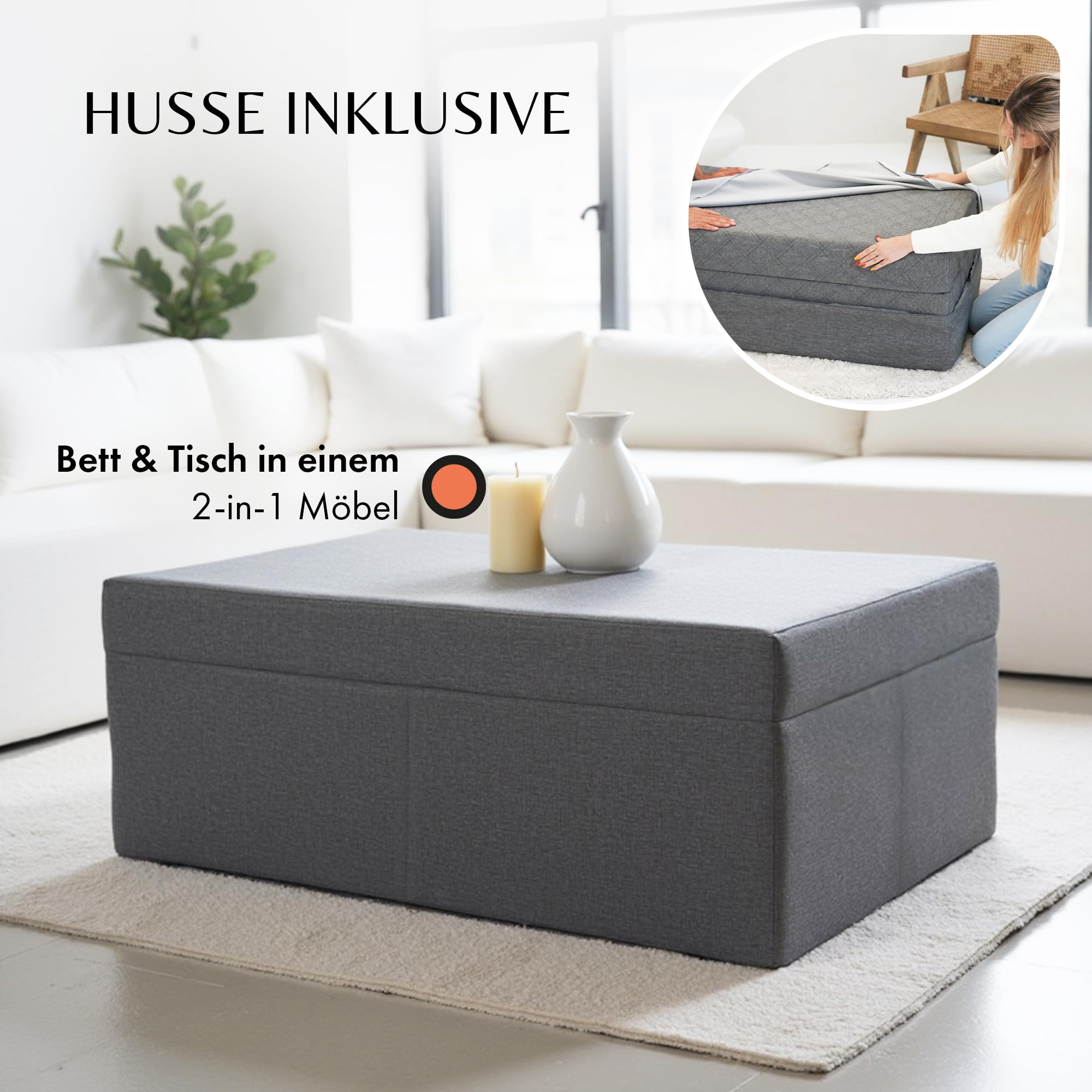 Klappmatratze 120x195 cm, 14 cm dick – bequeme Gästematratze, faltbar | Bequeme Klappmatratze & Gästebett · 14 cm dick, liegt nicht durch · faltbar, auch als Sitzhocker · Bezug waschbar · OEKO-TEX