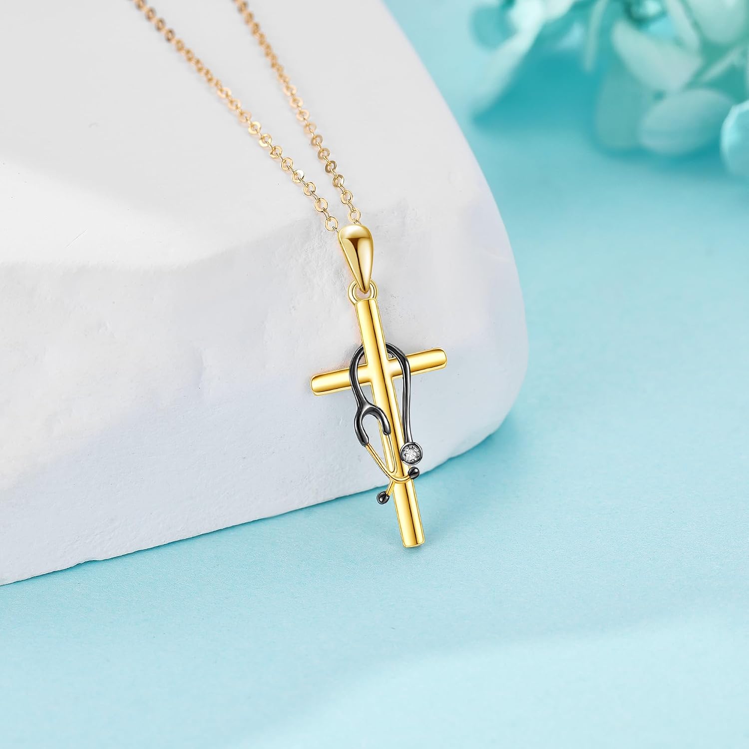 Stethoscope Necklace 14K Solid Gold Nurse Necklace 14 Karat Gold Stethoscope Jewelry Nursing Gifts for Women