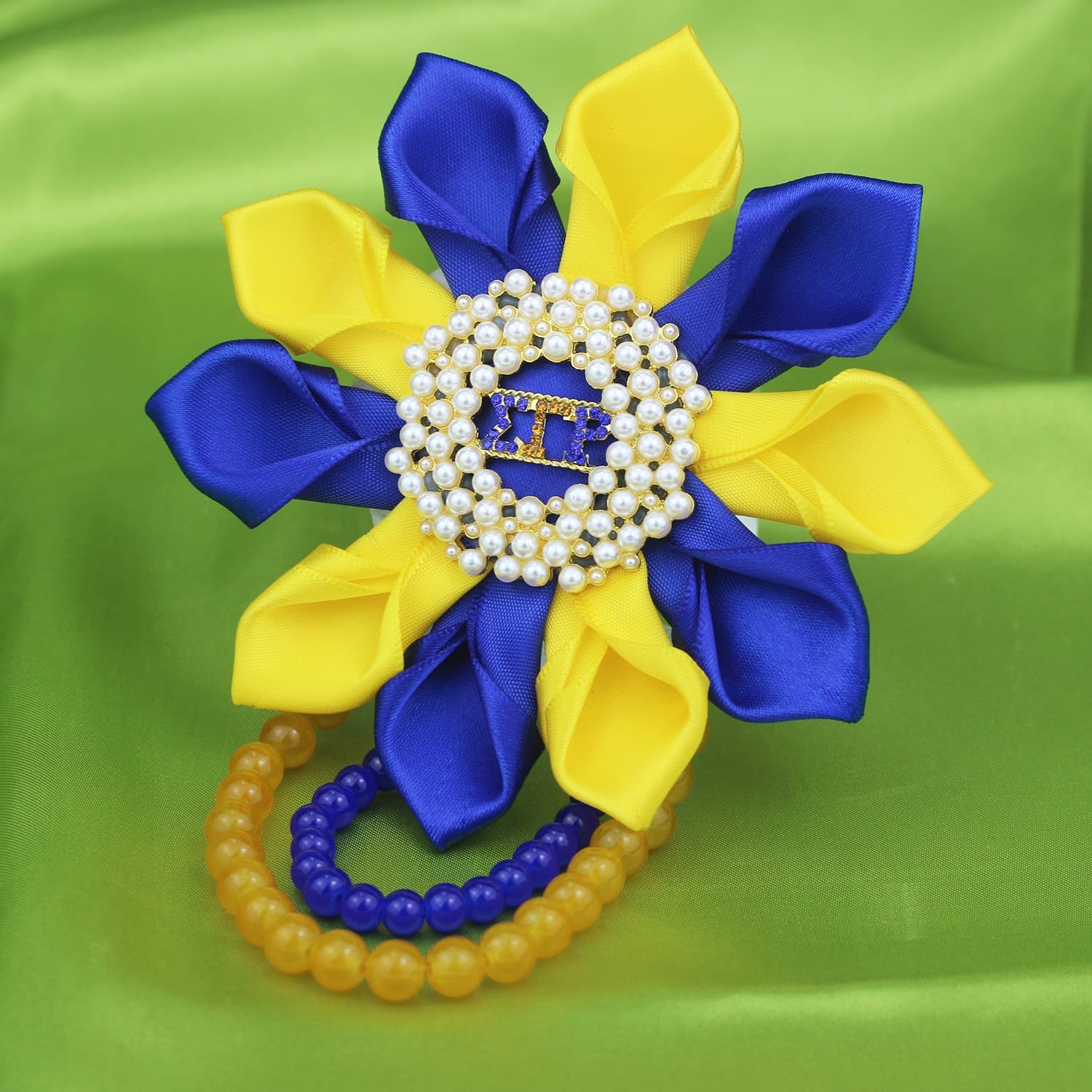 Pearl Sigmaa Gamma Rho Flower Brooch Pin for Women 1922 SGRho Gift SGR Brooch Greek Sorority Gift Paraphernalia Jewelry for Sisterhood Soror (Pearl & Satin 4.5" SGR Corsage) - Image 7