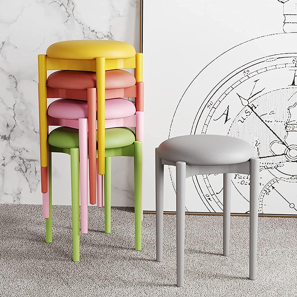 Minimalist Fashion Creative Plastic Round Stools Leather Cushions Dining Table Stools High Stools for Bedroom Living Room/Diningcasual/White