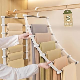 Trouser Hanger Space Saving, Clothes Hangers Trousers, 2 Pieces 6 Tier Stainless Steel, Clothes Rack Space Saving 80% Foldable Non-Slip Trouser Stands, for Apartment, Dormitory Hanging Pants