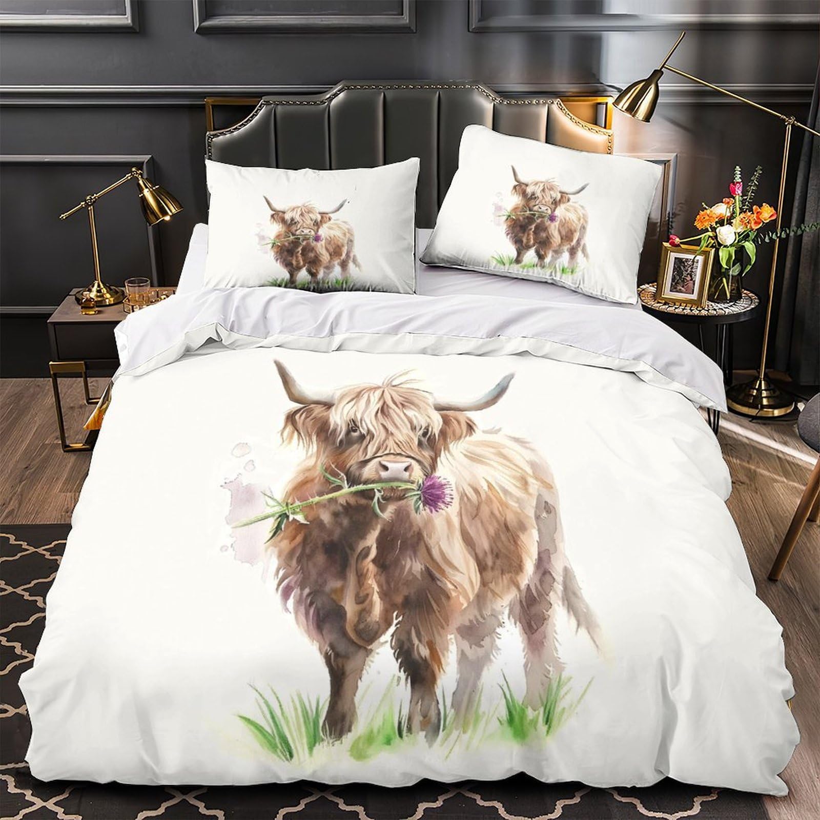 Parure de lit vache des Highlands 220x240cm en microfibre noir et blanc